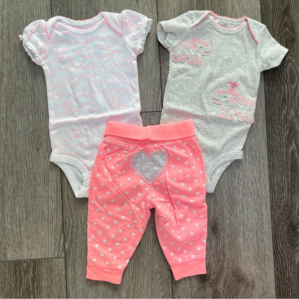 CARTERS 3PC OUTFIT BODYSUITS PANTS PINK DINOSAURS 6MO